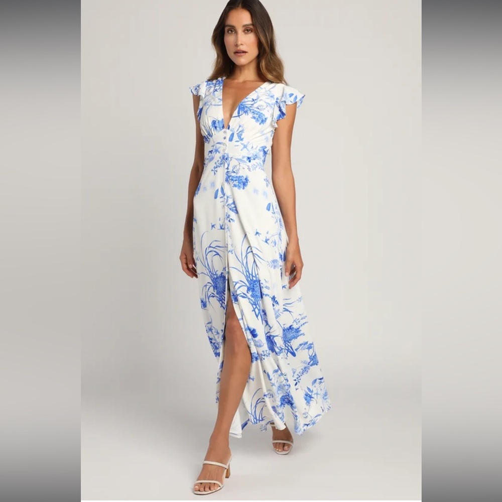 Blue and white floral maxi dress with flutter sleeves